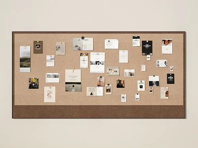 Creative Corkboard Display With Mixed Photos Papers And Artwork For Inspiration 3d model