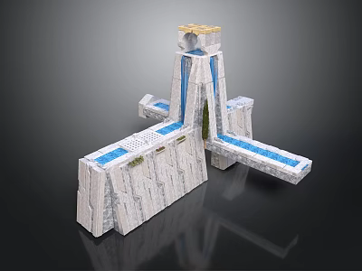 Modern Water Feature Structure With Stone Steps Blue Channels And Golden Top 3d model