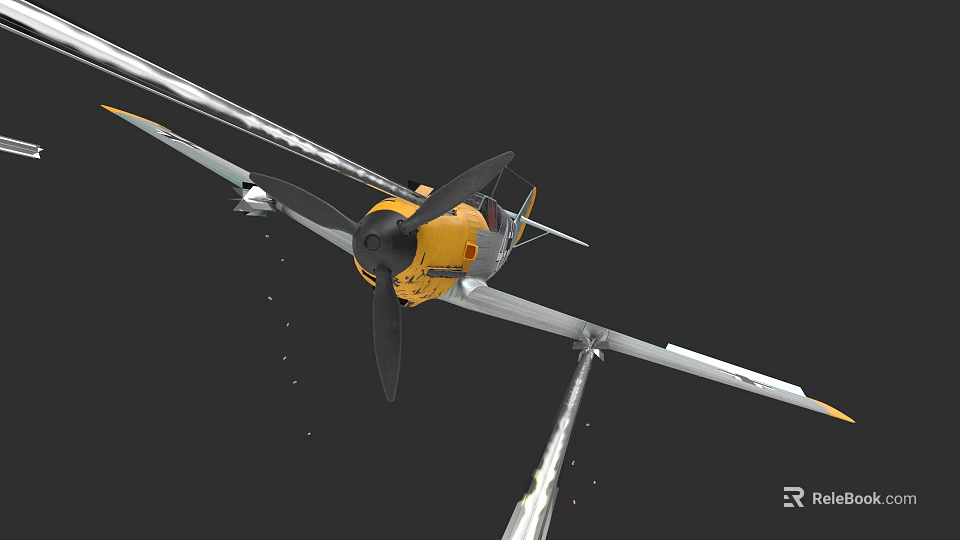 Yellow Propeller Fighter Jet Flying With Smoke Trails In Sky 3d model 