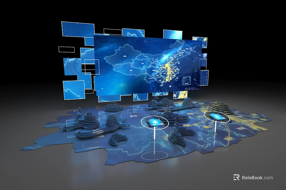 Futuristic Digital Art Installation With Blue Illuminated Panels And Interactive Map 3d model 