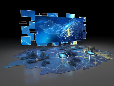 Futuristic Digital Art Installation With Blue Illuminated Panels And Interactive Map 3d model