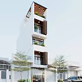 Modern Multi Story Townhouse Exterior With Balconies Large Windows And Green Plants
