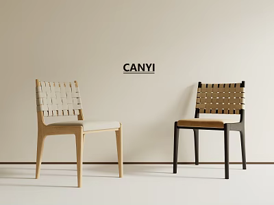 Woven Backrest Dining Chairs With Light And Dark Wood Legs And Seat Cushions 3d model