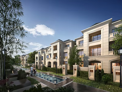 Luxurious Townhouses Exterior With Balconies Lush Greenery And Pool In Residential Area 3d model