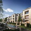 Luxurious Townhouses Exterior With Balconies Lush Greenery And Pool In Residential Area