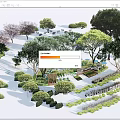 Arbor Trees In Garden Landscape Design With Various Shrubs Pathways And Seats