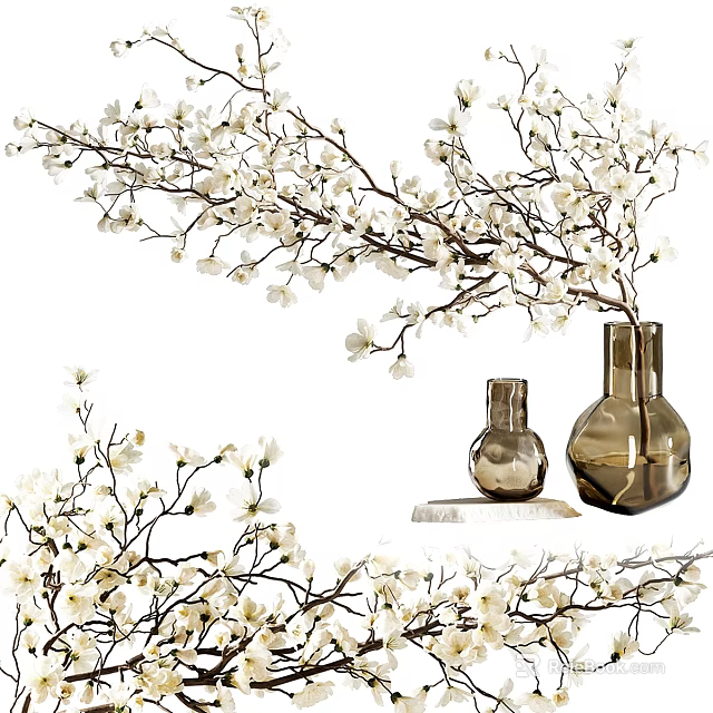 White Flower Branches In Brown Vases For Elegant Home Decor 3d model 