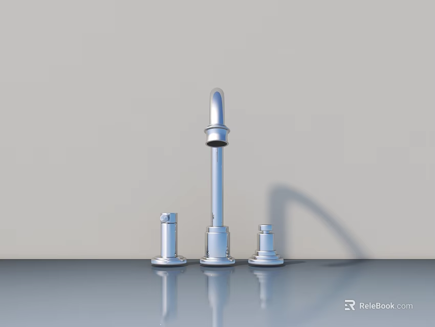Modern Chrome Faucet With Two Small Cylindrical Components On Smooth Countertop Against Light Colored Wall 3d model 