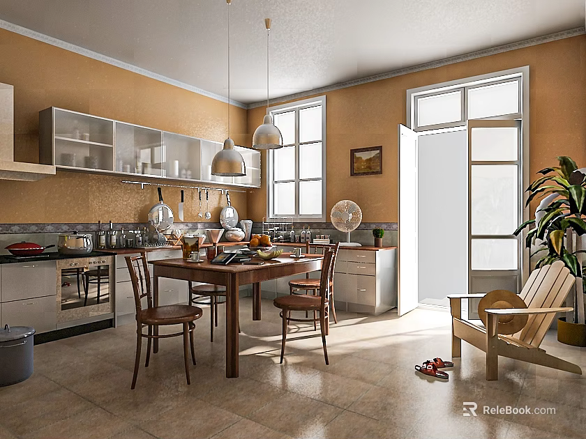 Modern Kitchen Interior With Cabinets Dining Table Chairs And Natural Light 3d model