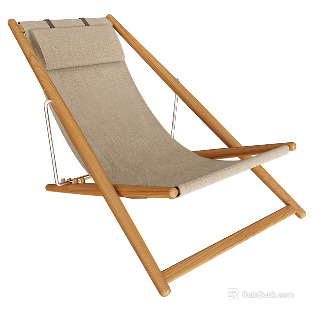 Comfortable Simple Design Lounge Chair With Natural Wooden Frame And Beige Fabric Seat 3d model 