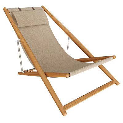 Comfortable Simple Design Lounge Chair With Natural Wooden Frame And Beige Fabric Seat 3d model