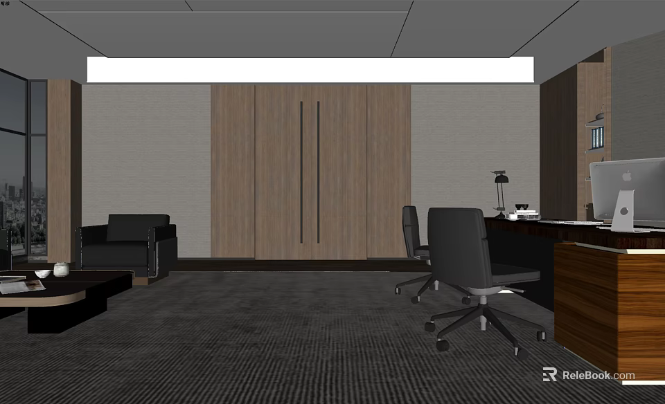 Modern Office Interior Design With Wooden Wall Paneling Desk Chair Sofa And Ceiling Lighting 3d model 