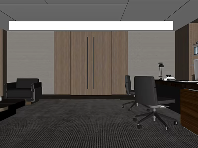 Modern Office Interior Design With Wooden Wall Paneling Desk Chair Sofa And Ceiling Lighting 3d model