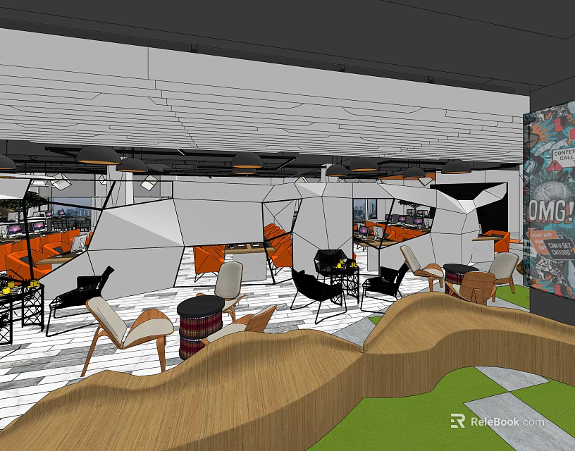 Modern Public Office Interior With Geometric Partitions Colorful Seating And Curved Elements 3d model 