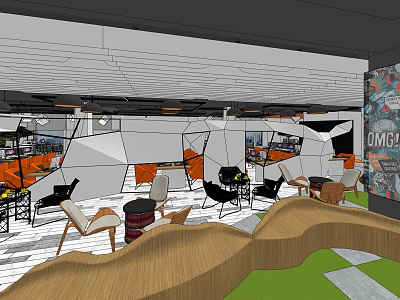 Modern Public Office Interior With Geometric Partitions Colorful Seating And Curved Elements 3d model