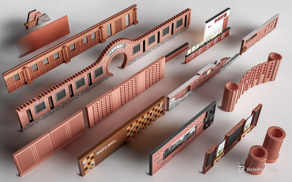 Diverse Background Wall Designs Featuring Arched Lattice Structures And Decorative Patterns 3d model