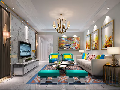Modern Living Room Design With Chandelier TV Sofa Colorful Pillows Green Ottomans And Decorative Paintings 3d model