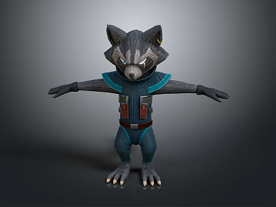 Raccoon Character 3D Model in Blue Outfit With Red Vest and Outstretched Arms 3d model