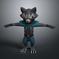 Raccoon Character 3D Model in Blue Outfit With Red Vest and Outstretched Arms