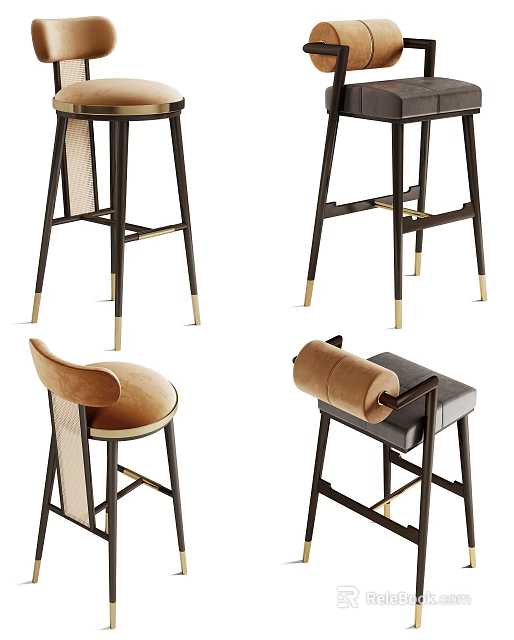 Modern Bar Stools with Metal Frame Gold Accents and Upholstered Beige Grey Seats 3d model 
