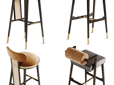 Modern Bar Stools with Metal Frame Gold Accents and Upholstered Beige Grey Seats 3d model