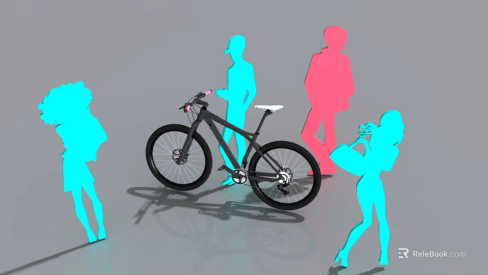 Stylish Black Bicycle Parked Among Colorful People Silhouettes On Urban Street 3d model 