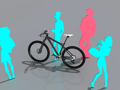 Stylish Black Bicycle Parked Among Colorful People Silhouettes On Urban Street 3d model