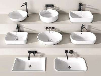 Various White Modern Washbasin Designs With Different Shapes And Faucets On 3d model