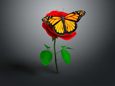 Monarch Butterfly Perched On Vibrant Red Rose With Green Leaves And Stem 3d model