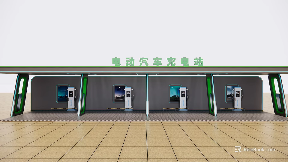 Modern Electric Vehicle Charging Station With Multiple Chargers And Green Signage Design 3d model 