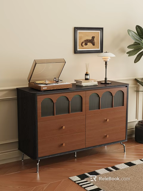 Stylish Entryway Side Cabinet With Arched Grille Doors Dark Brown Black Drawers Record Player Table Lamp Books And Potted Plant 3d model 