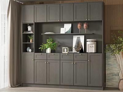 Modern Gray Decorative Cabinet With Open Shelves Green Plants And Decorative Items 3d model