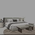 Modern Double Bed with Headboard Cushions Pillows Blanket Nightstand Lamp and Bench on Patterned Rug