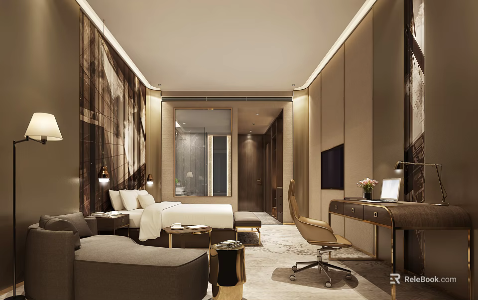 Modern Luxury Hotel Room Interior With Comfortable Bed Sofa Desk And TV 3d model 