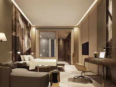 Modern Luxury Hotel Room Interior With Comfortable Bed Sofa Desk And TV 3d model