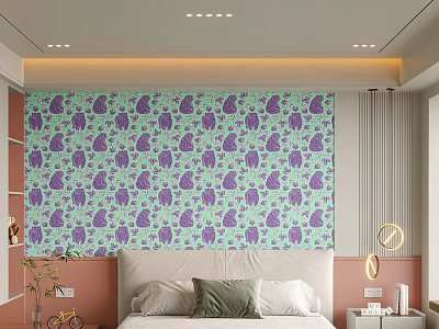 Modern Bedroom Featuring Bed Accent Wall With Light Green And Purple Patterns 3d model