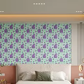 Modern Bedroom Featuring Bed Accent Wall With Light Green And Purple Patterns