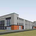 Modern Industrial Factory Exterior Design With Large Glass Windows White Orange Walls And Lawn Trees