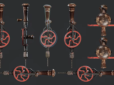 Vintage Manual Hardware Tools with Wooden Handles Red Wheels and Metal Parts 3d model