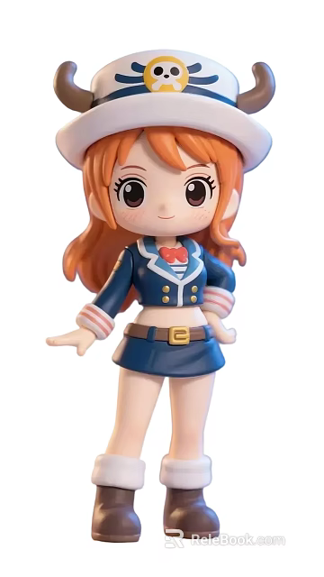 Cute Doll With Orange Hair Big Eyes Blue Uniform Red Bow Tie And Blue Skirt 3d model 
