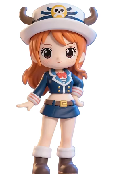 Cute Doll With Orange Hair Big Eyes Blue Uniform Red Bow Tie And Blue Skirt 3d model