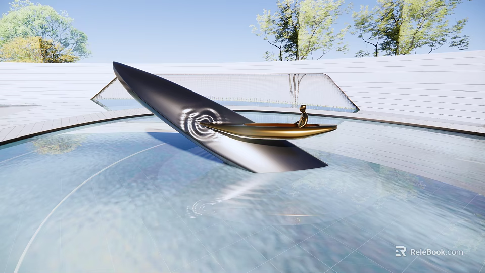 Abstract Modern Sculpture in Pool with Spiral Design Black Gold Color and Small Human Figure 3d model 