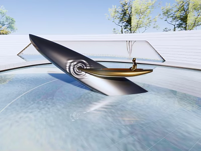 Abstract Modern Sculpture in Pool with Spiral Design Black Gold Color and Small Human Figure 3d model