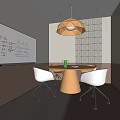 Modern Conference Room With Whiteboard Round Table Four White Chairs And Geometric Patterned Walls