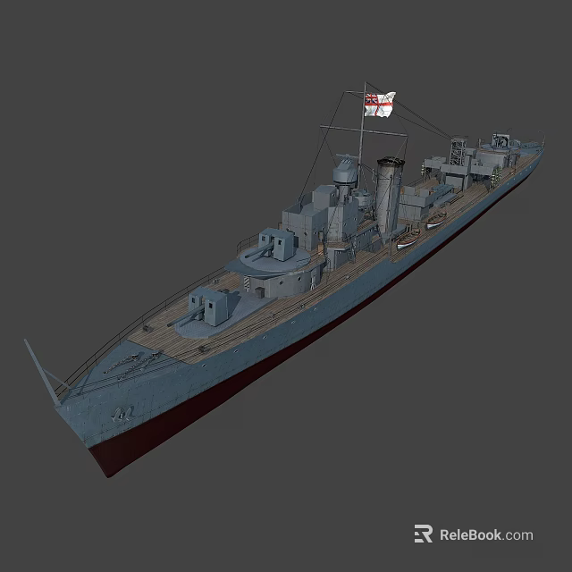 Detailed Battleship 3D Model Featuring Deck Turrets Flag And Smokestack Design 3d model 
