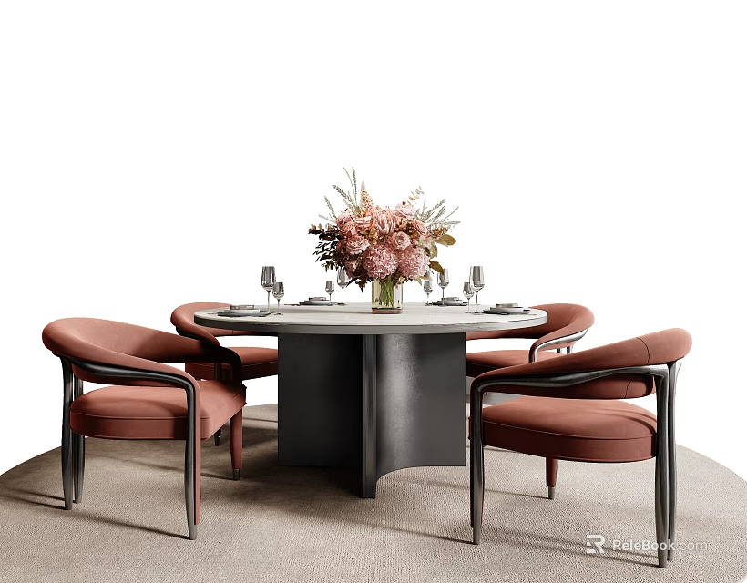 Modern Dining Table Set with Marble Top Four Coral Chairs and Pink Flower Bouquet 3d model 