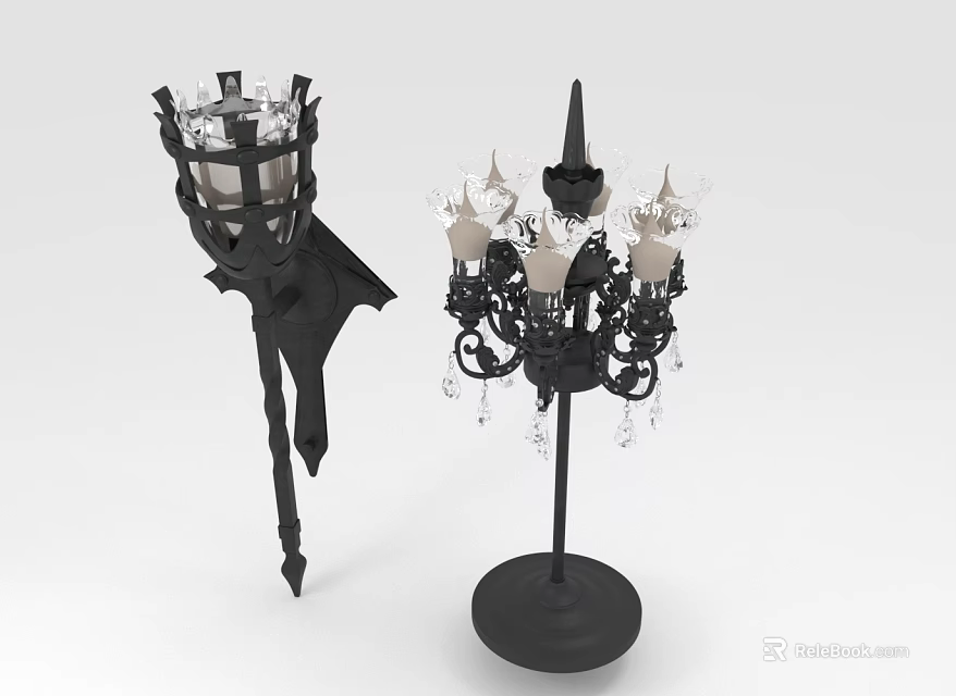 Gothic Style Floor Lamp With Black Metal Frame And Crystal Pendant Decor Elements 3d model 