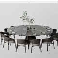Modern Round Dining Table Set With Chairs Tableware Vase And Decorative Plant 3d model