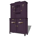 Deep Purple Storage Cabinet with Upper Glass Door and Lower Cabinet Doors and Decorative Carvings