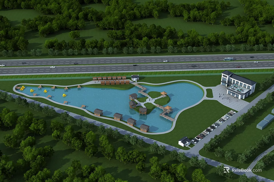 Beautiful Waterside Garden Landscape With Large Manmade Lake Wooden Huts And Complete Supporting Leisure Facilities 3d model 